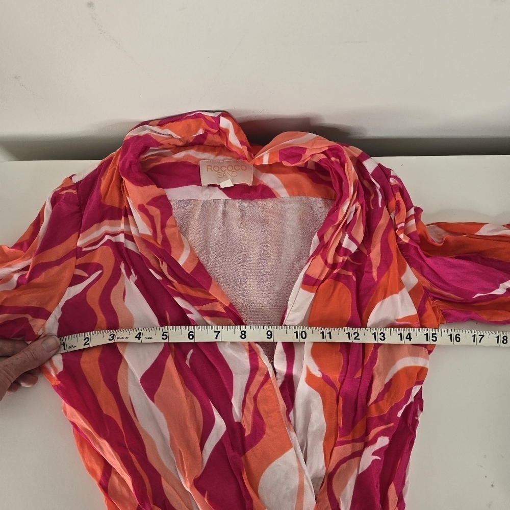Rococo Sand Emily Mini Wrap Dress XS Tassels Ruffles Pink/Orange Swirl Print - Picture 12 of 16